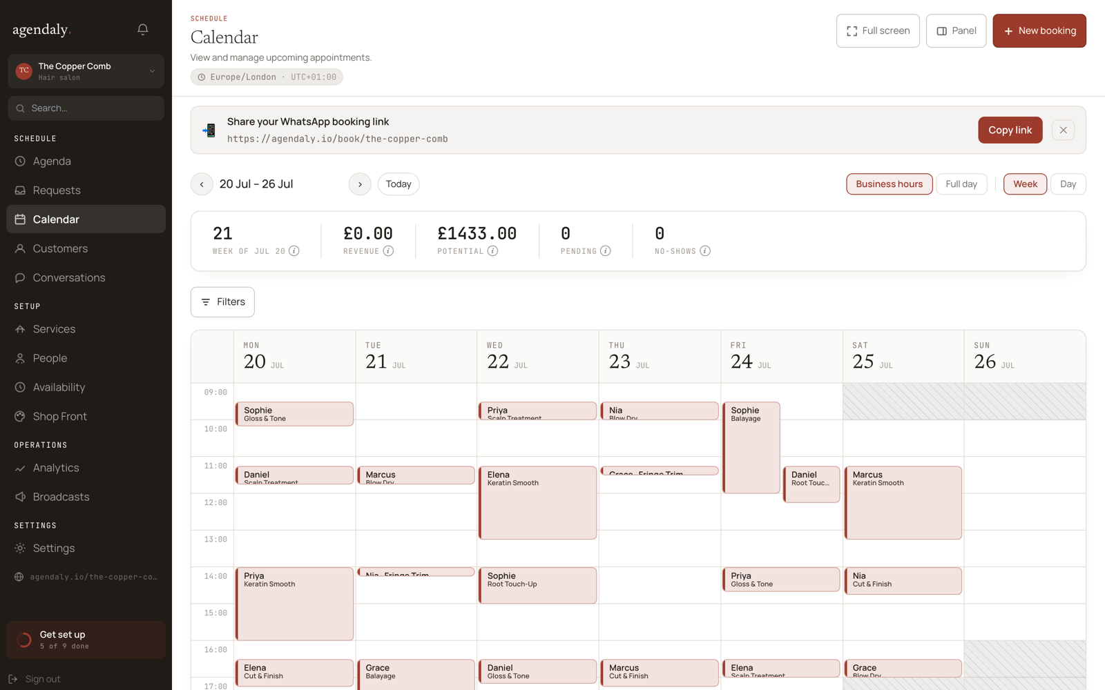 Agendaly dashboard showing a salon’s weekly calendar with bookings created through WhatsApp